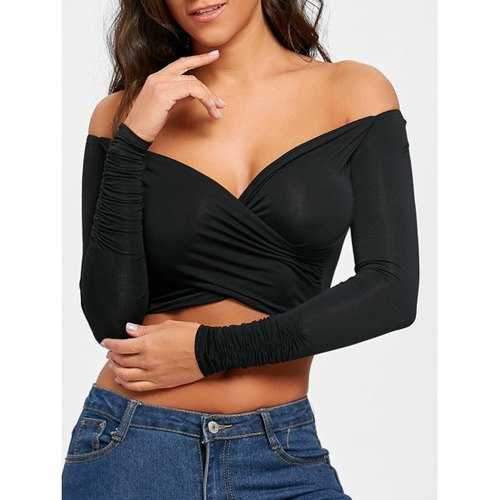 Cropped Surplice Neck Long Sleeve Top - Black Xl