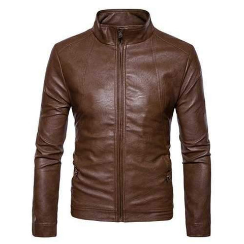 Slim Fit Faux Leather Zip Up Jacket - Brown S