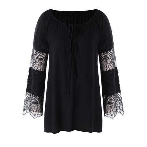 Lace Insert Plus Size Lace-up Blouse - Black Xl