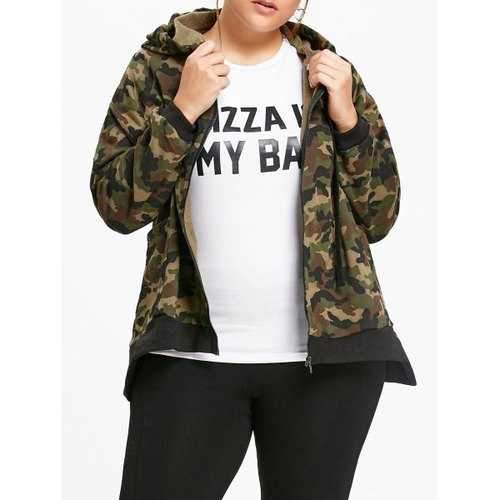 Plus Size Camouflage Zip Up Hooded Jacket - Army Green One Size