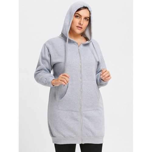 Plus Size Long Hooded Coat with Front Pocket - Gray 3xl