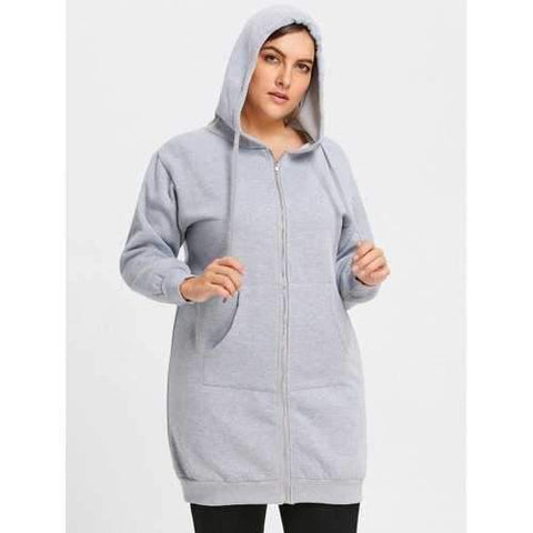 Plus Size Long Hooded Coat with Front Pocket - Gray 3xl