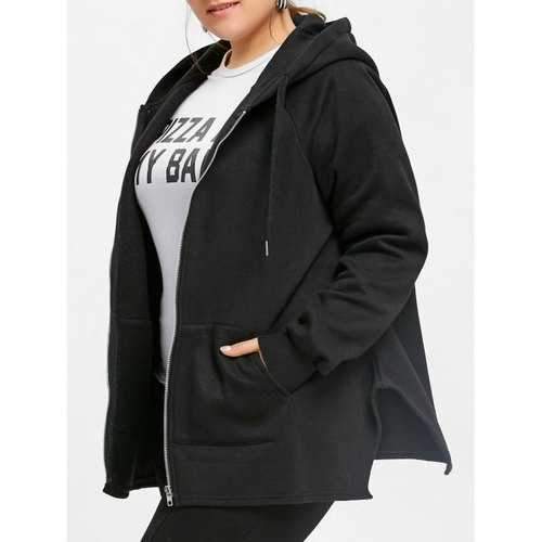 Fleece Lined Plus Size Zip Hooded Coat with Pocket - Black 3xl