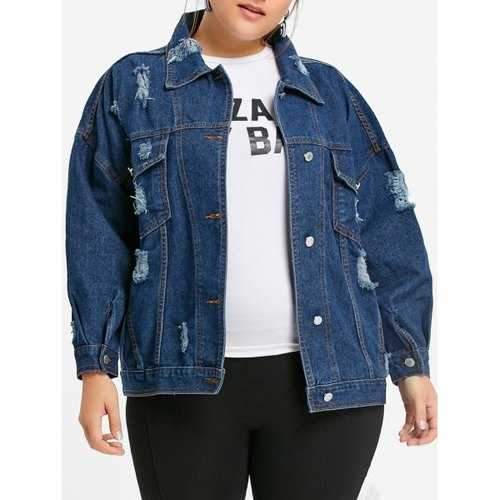 Plus Size Destroyed Wash Denim Jacket - Denim Blue 4xl