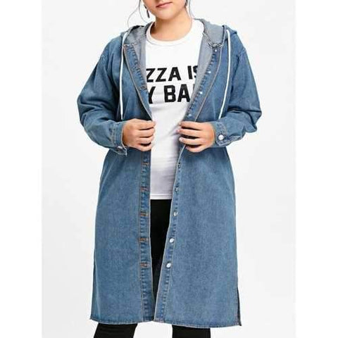 Plus Size Button Up Long Hooded Denim Coat - Blue 5xl