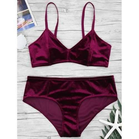 Velvet Bra and Panties Set - Wine Red Xl