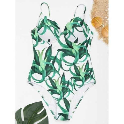 Spaghetti Strap Printed Underwire Swimsuit - White And Green S