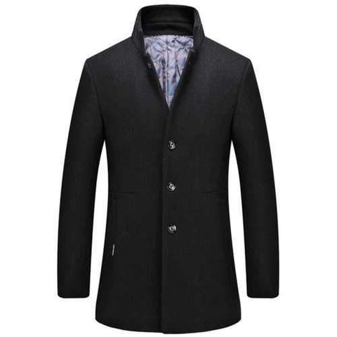 Single-Breasted Stand Collar Wool Blend Coat - Black Xl