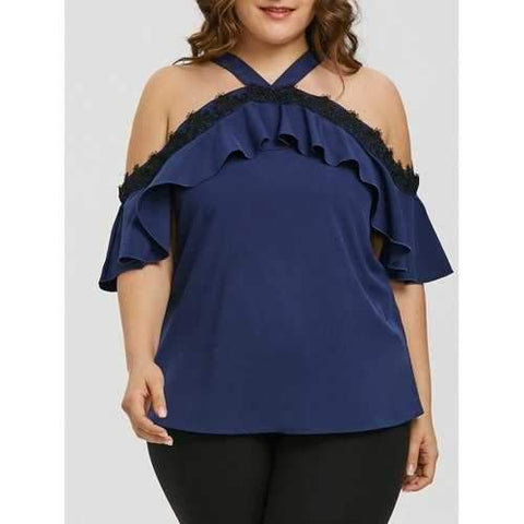 Plus Size Lace Trimmed Open Shoulder Halter Blouse - Cadetblue Xl