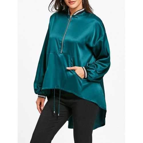 Sequin Floral High Low Drop Shoulder Jacket - Blackish Green M