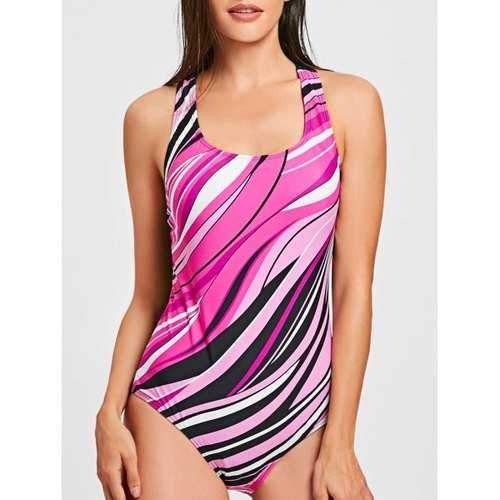 Racerback Striped One Piece Swimsuit - Rose Red S