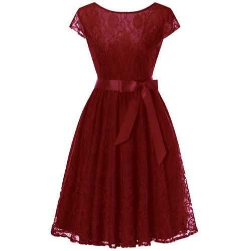 Cap Sleeve Swing Lace Dress - Wine Red M