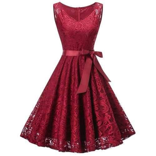 V Neck Sleeveless Lace Swing Dress - Wine Red L