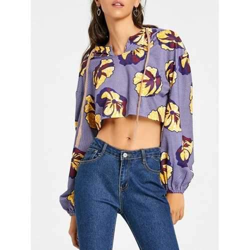 Floral Print Drawstring Crop Hoodie - Purple M