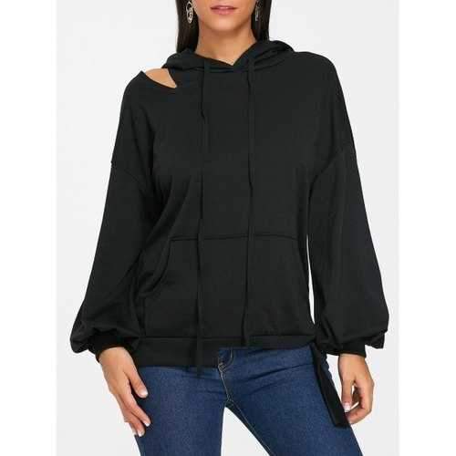 Dropped Shoulder Cut Out Drawstring Hoodie - Black 2xl