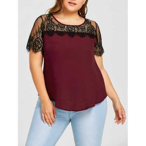 Plus Size Lace Panel Curved Blouse - Wine Red 2xl