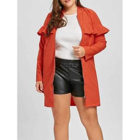 Ruffle Plus Size Zip Up Trench Coat - Jacinth 2xl