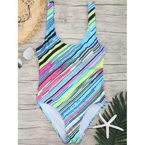 Colored Striped U Neck Padded One Piece - Blue M