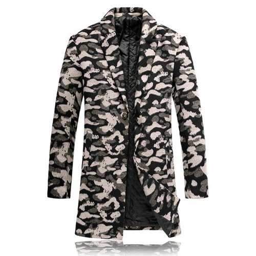 Lapel Leopard Padded Woolen Coat - Xl