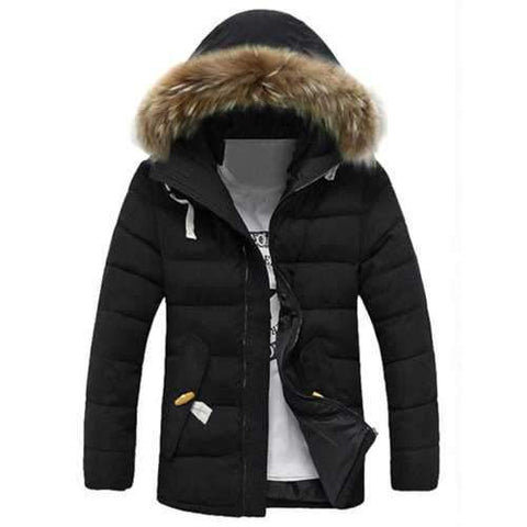 Detachable Faux Fur Collar Zip Up Padded Coat - Black 3xl