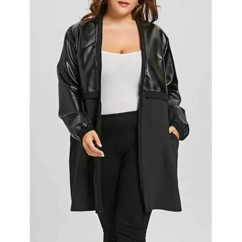 Plus Size Faux Leather Panel Coat - Black 3xl