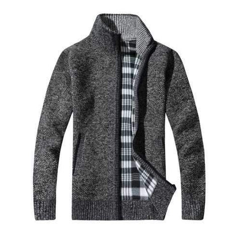 Knit Blends Tartan Fleece Lining Zip Up Jacket - Deep Gray L