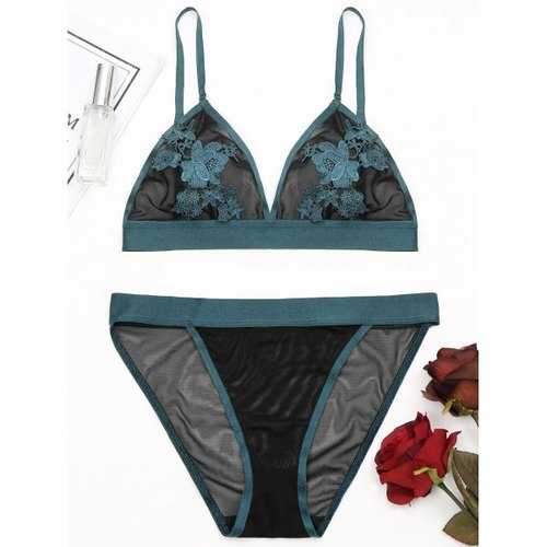 Mesh Sheer Flower Appliques Bralette Set - Deep Green 70b