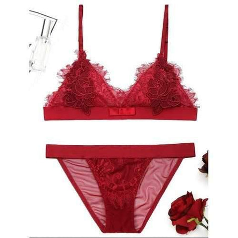 Lace Eyelash Appliques Bralette Set - Wine Red S