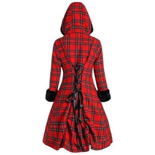 Plus Size Button Up Lace-up Plaid Coat - Checked Xl