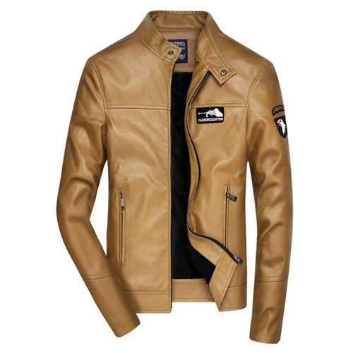 Stand Collar Embroidered Zip Up Faux Leather Jacket - Khaki 3xl