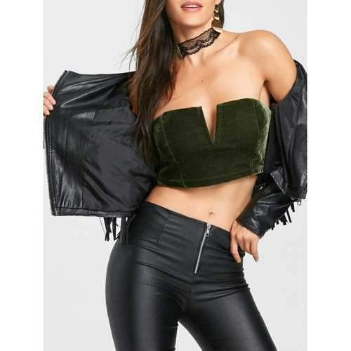 Velvet V Cut Strapless Crop Top - Green L