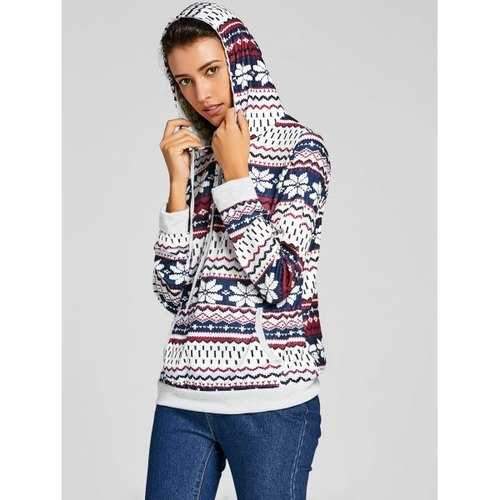 Kangaroo Pocket Snowflake Print Hoodie - L