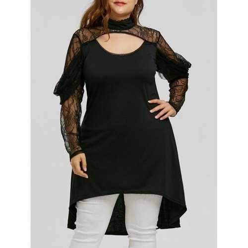 Plus Size Lace Sleeve High Low Blouse - Black Xl