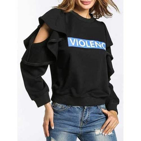 Cold Shoulder Flounce Graphic Sweatshirt - Black S