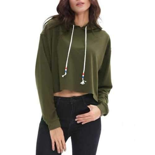 Drawstring Drop Shoulder Candy Color Crop Hoodie - Army Green S