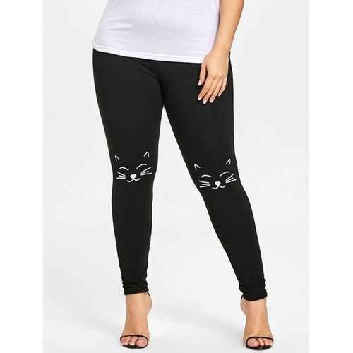 Plus Size Cat Print Leggings - Black Xl