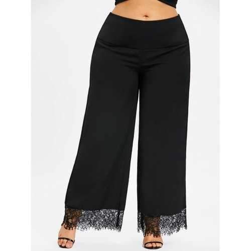 Plus Size High Waisted Lace Insert Pants - Black Xl