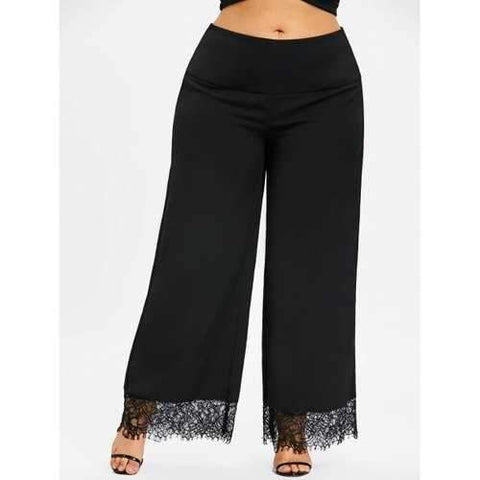 Plus Size High Waisted Lace Insert Pants - Black Xl