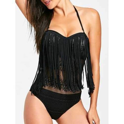 Lace Fringed One Piece Swimsuit - Black S