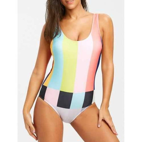 Color Block Striped One Piece Swimsuit - Xl