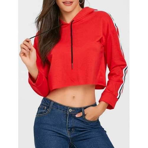 Drawstring Raw Hem Cropped Hoodie - Red S