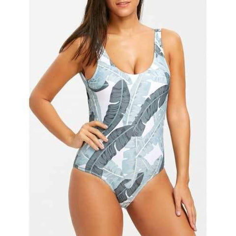 One Piece Leaves Print Backless Swimsuit - Light Green L