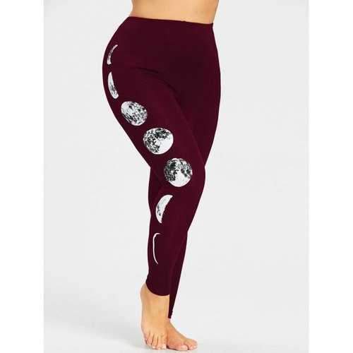 Plus Size Monochrome Moon Leggings - Wine Red 2xl