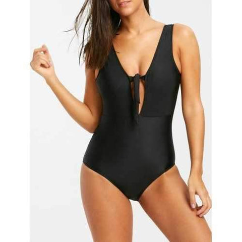 Knot Front Plunge One Piece - Black S