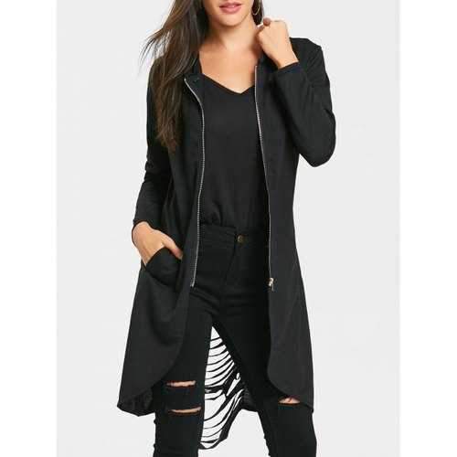 Ripped Tunic Zip Up Hoodie - Black Xl