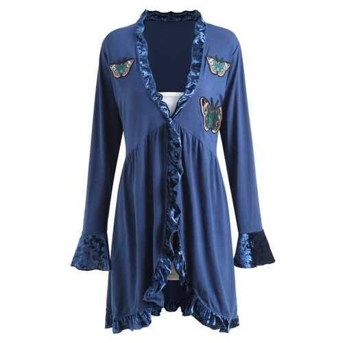 Plus Size Velvet Panel Ruffle Butterfly Embroidered Coat - Blue Xl