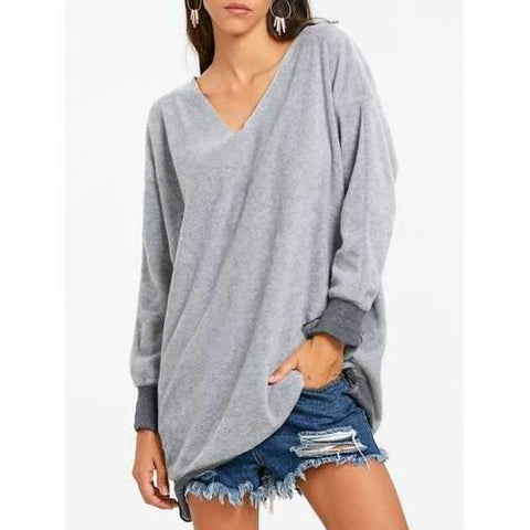 V Neck Oversized Tunic Sweatshirt - Gray Xl