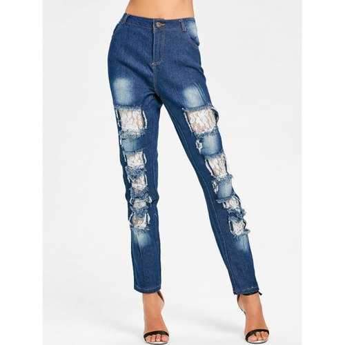 Lace Insert Distressed Skinny Jeans - Denim Blue M