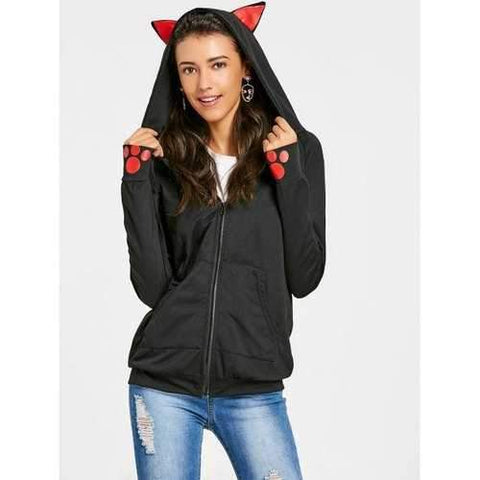 Front Pocket Zipped Cat Ear Hoodie - Black S