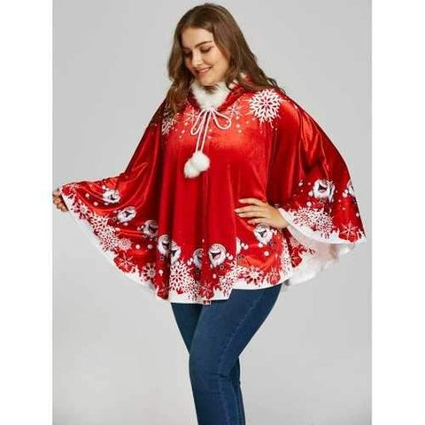 Plus Size Santa Claus Print Velvet Cape Coat - Red One Size